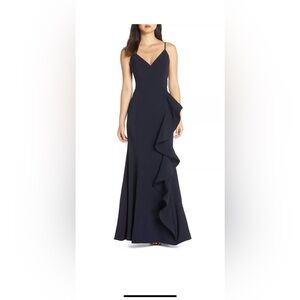 ELIZA J Navy Blue Stretch Crepe Cascading Ruffle V-Neck Gown Size 6 NWT